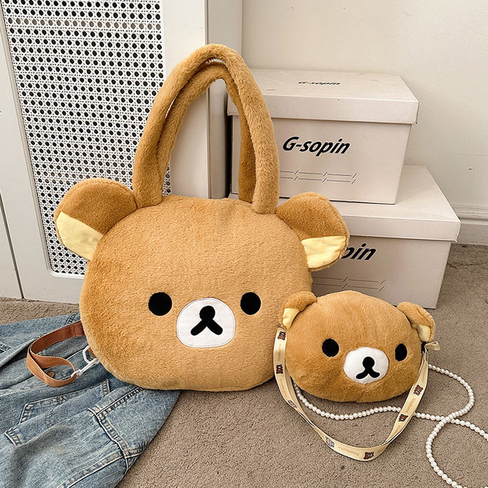 Wholesale  Cute Cartoon Bear Plush Tote Bag Autumn and Winter New Contrast Color Shoulder Bag