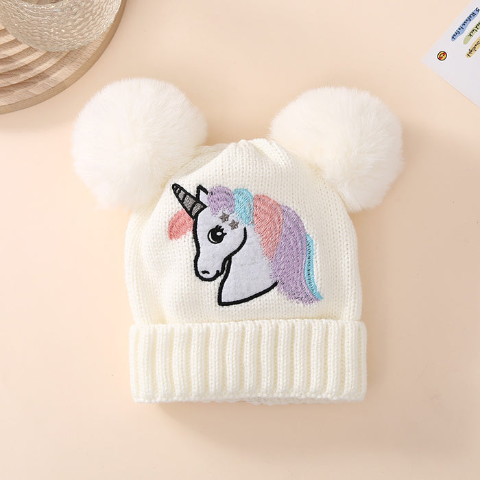 Wholesale Children' s Knit Hat for Autumn and Winter  Embroidered Unicorn and Double Pom-Poms Warm Winter Hat