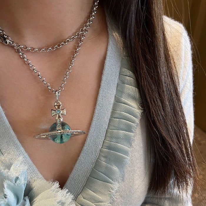 Wholesale   Large Glacier Blue New Saturn Necklace Women's  All-Match Clavicle Chain Woolen Chain