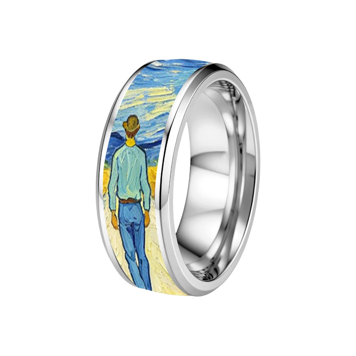 Wholesale Vintage Oil Painting Transfer Stainless Steel Ring Fashion Jewelry Accessory