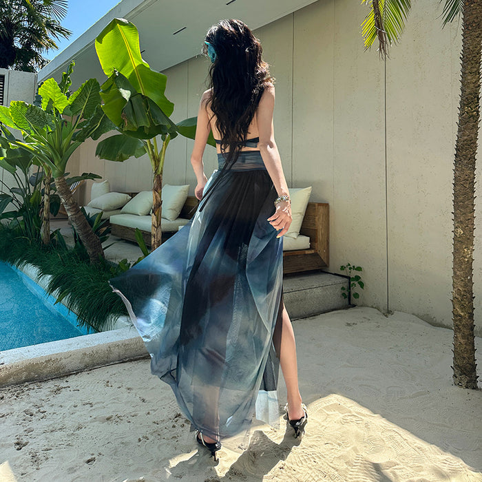 Wholesale Hanging neck tie dye printed mesh backless dress, long skirt, swimsuit