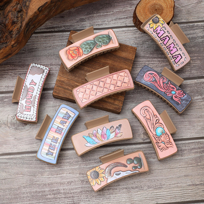 Wholesale Western Wind Letter Mom Cactus Sunflower Leather Shark Clip Hairpin Women' s Grab Clip