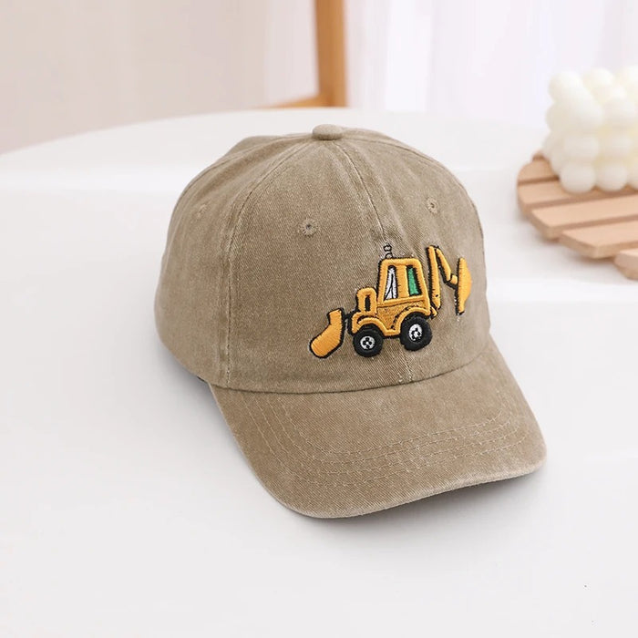 Wholesale Retro Cartoon Excavator Print Washed Cotton Baseball Cap Adjustable Sun Hat For Summer Casual Gift