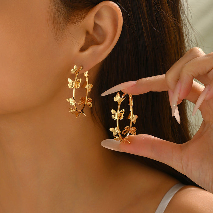 Wholesale Zinc Alloy Butterfly Hoop Earrings Pink Multi-Layer Hollow Design Jewelry Accessory MOQ≥2