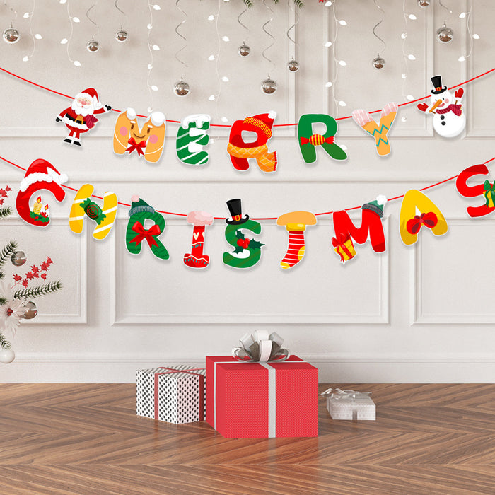 Wholesale Christmas Decorations Christmas Pull Flag Hanging Flag Holiday Banner Party Decoration Paper Cartoon Christmas Pull Flower String Flag