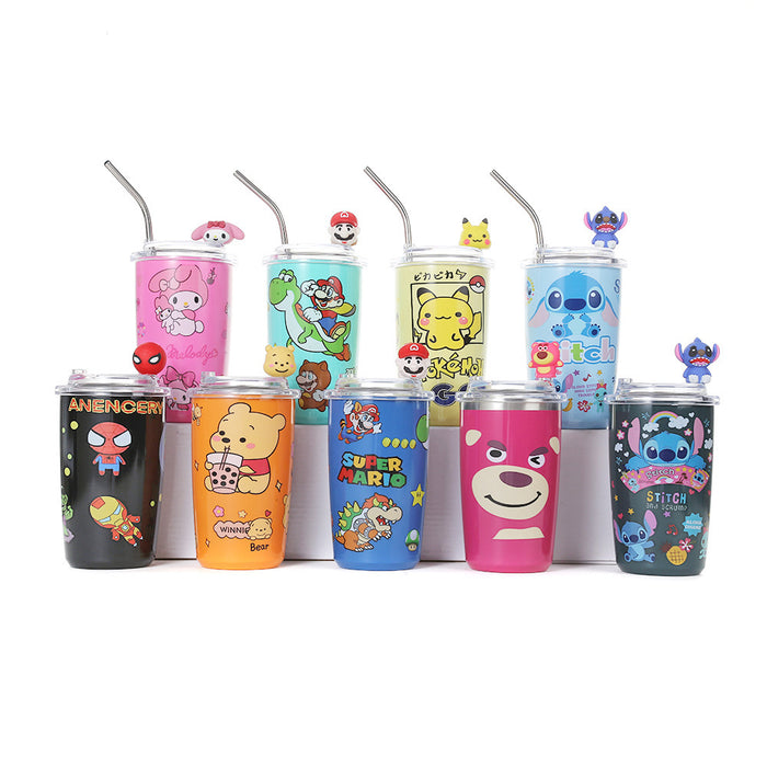 Wholesale Cute Cartoon Stainless Steel Portable Thermos Cup for Students with Straw