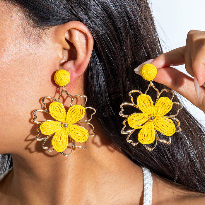 Wholesale hand woven raffia grass holiday style earrings summer color matching beach style earrings