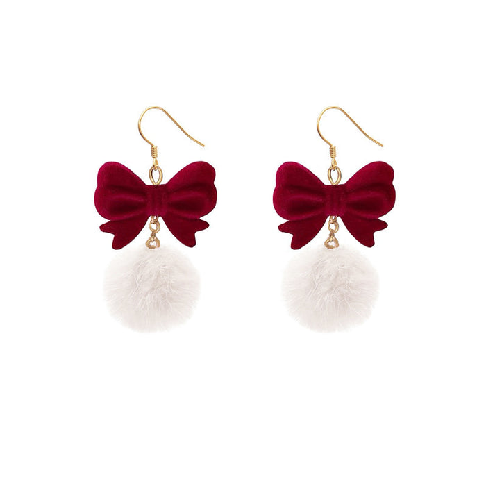 Wholesale Wine red flocking bowknot fur ball earrings for women sweet ear clip