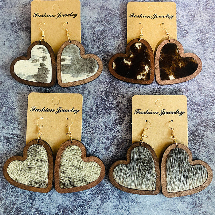 Wholesale  Valentine' s Day Genuine Leather Earrings Love Leopard Horse Hair Inlaid Wooden Earrings