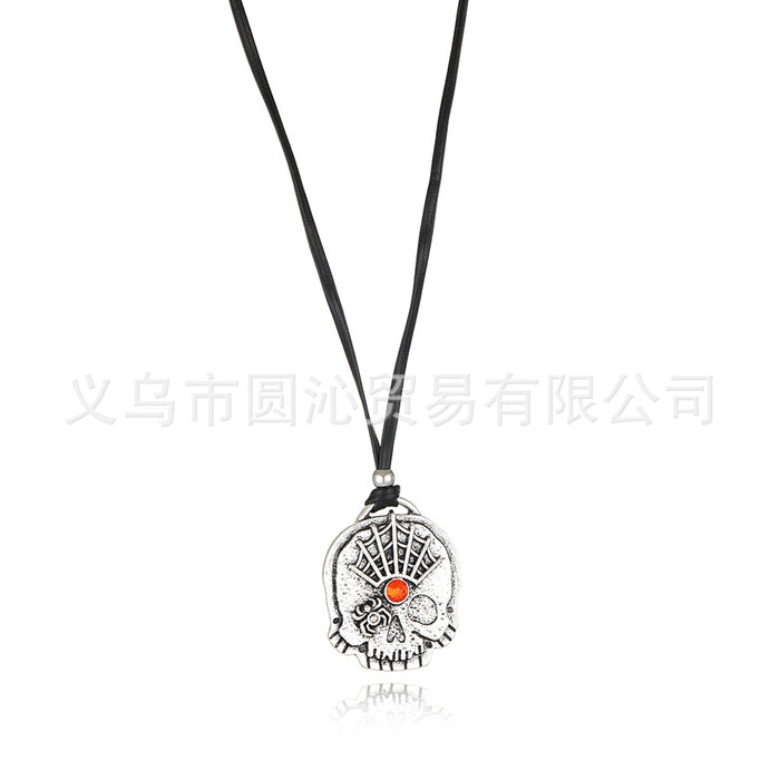 Wholesale Personalized skull pendant necklace adjustable long black leather rope sweater chain