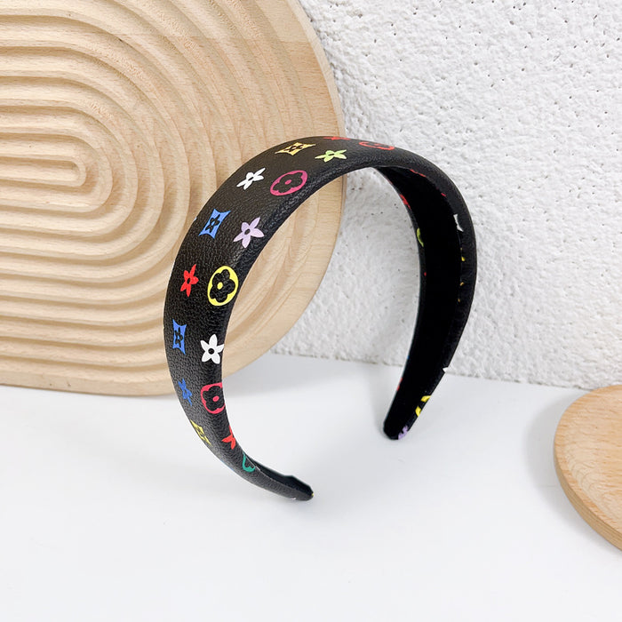 Wholesale Retro temperament headband leather color printed grid wide edge headband hair accessory simple face washing pressure hair accessory hair clip