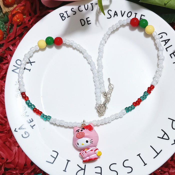 Wholesale Christmas Series Holiday Dress Up Pink Pig Cat bling Crystal Beaded Christmas Tree Short Necklace Chain Jewelry