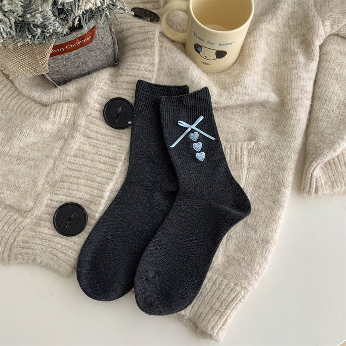 Wholesale Grey socks embroidered with heart, mid tube socks, blue ribbon, bow, stacked socks