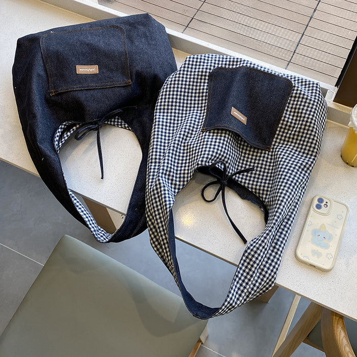 Wholesale Cowboy plaid double-sided shoulder bag, versatile class backpack, casual commuting tote bag