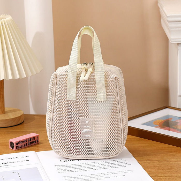 Wholesale Modern Multifunctional Mesh Cosmetic Bag 3 Piece Set Large Capacity Portable Foldable Travel Toiletry Organizer Handbag Pink
