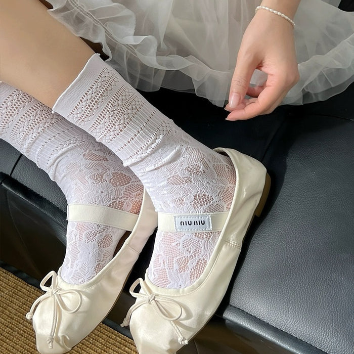 Wholesale Lace mesh socks, thin ballet style, mid tube, stacked white