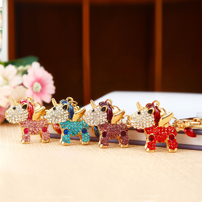 Wholesale Cartoon Unicorn Diamond studded Car Keychain Pendant Metal Keychain Ring