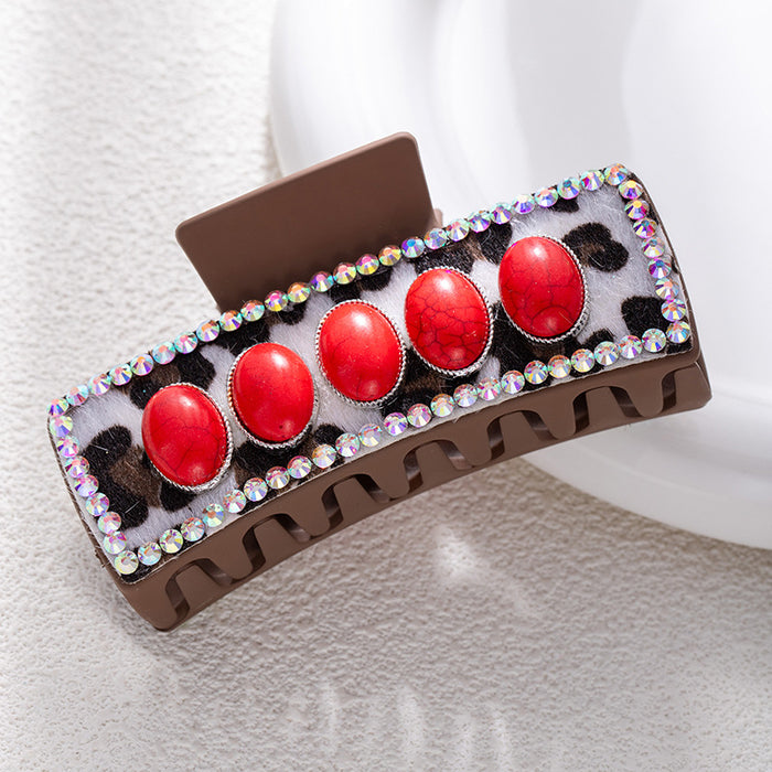 Wholesale Bohemian turquoise grab clip high-end female retro leopard print sequined leather ethnic style back of the head shark clip