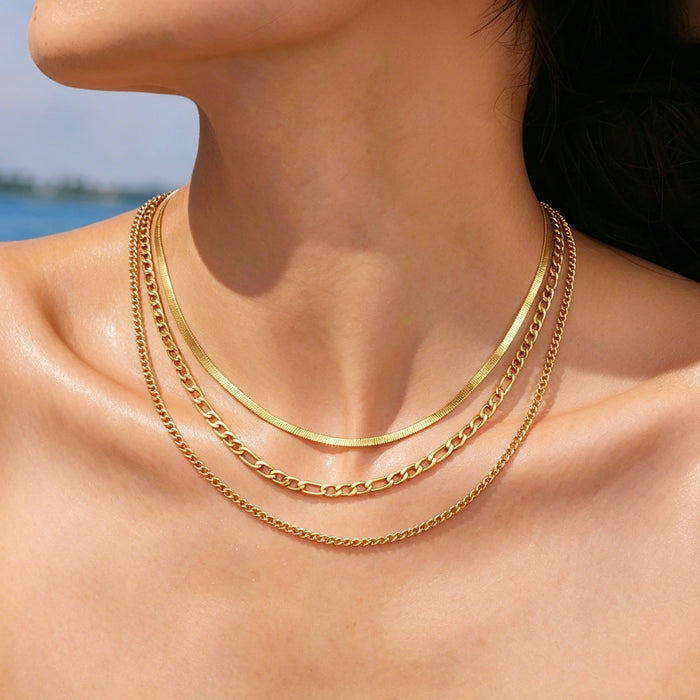 Wholesale 2pcs Stacked necklaces,  plain chain,  snake bone,  titanium steel chain