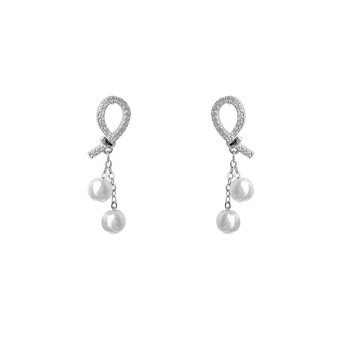 Wholesale Pearl zircon bow tassel silver needle earrings with high-end feel, new temperament earrings