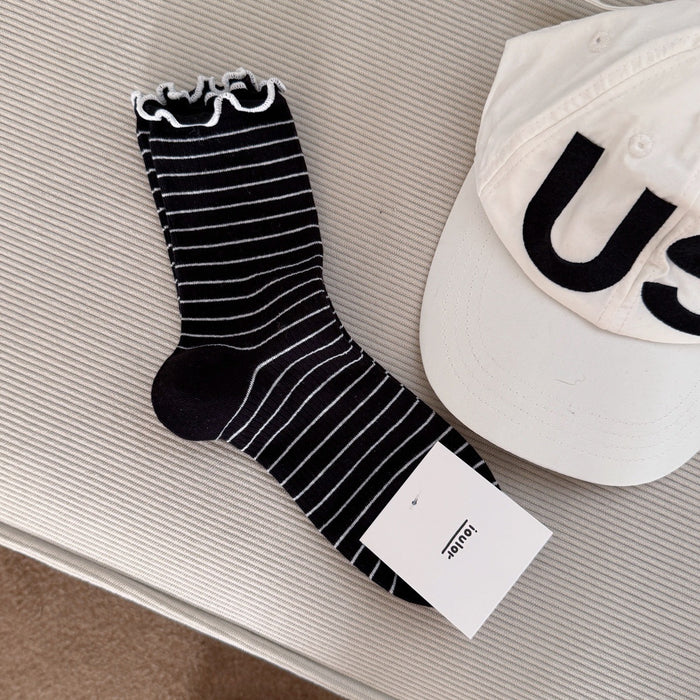 Wholesale Curled striped socks, mid tube socks, boneless socks, cotton socks