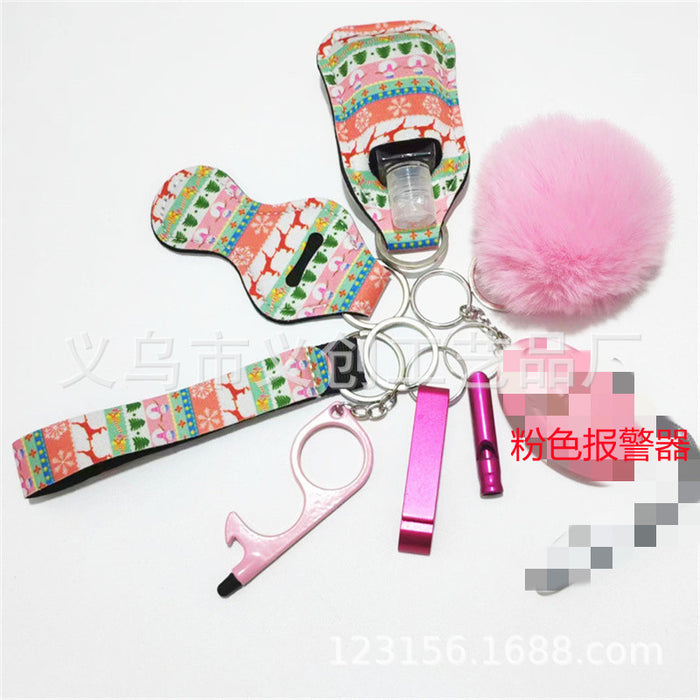 Wholesale Stylish Women S Christmas Pattern Self Defense Keychain 9 Piece Set With LED Alarm Metal Electroplated Party Gift And Decorative Accessory