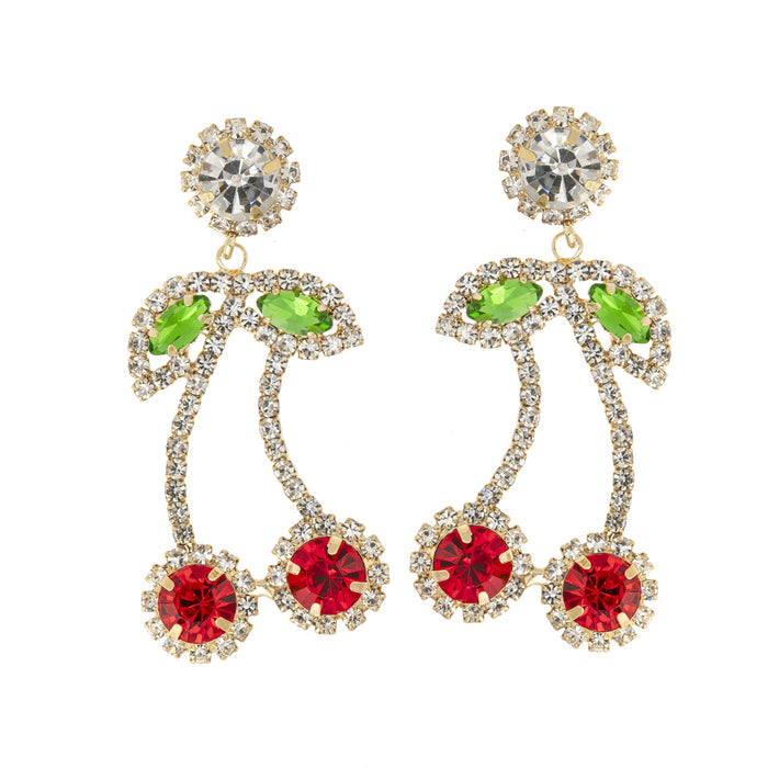 Wholesale Red rhinestone cherry pendant earrings for women, fashionable design, full diamond claw chain jewelry wholesale