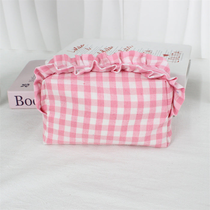 Wholesale Trendy Black Plaid Pleated Lace Pencil Case Large Capacity Student Stationery Pouch Boutique Gift
