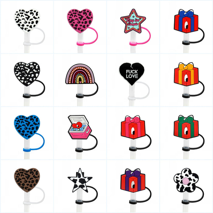 Wholesale New Love Leopard Pattern Straw Cover Straw Cap Silicone Dustproof Stopper Cute Anime Party Straw Decoration Cross border Product