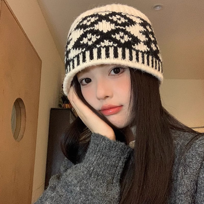 Wholesale Plaid Fisherman Hat Women's Autumn and Winter Face Small All-match Color Matching Big Head Wool Knitted Hat