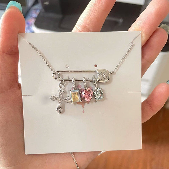 Wholesale Colorful zircon cross necklace with niche design, collarbone chain, light luxury, exquisite necklace