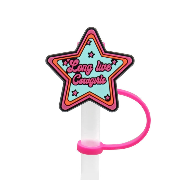 Wholesale of 10pcs Cow Patterned Pentagonal Silicone Dustproof Straw Plugs JDC-SCR-KuaJi012