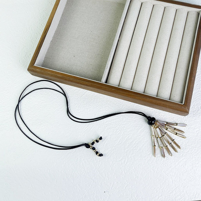 Wholesale Tassel Necklace with Tiger Eye Beads,  Long Waxed Rope Sweater Chain