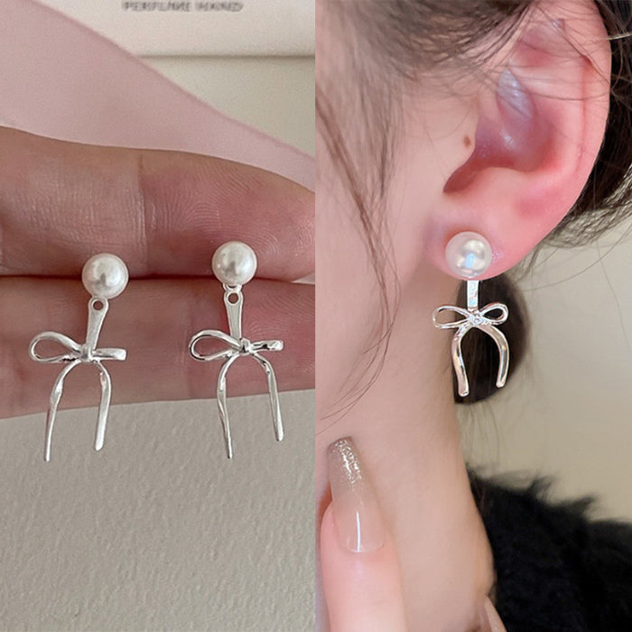 Wholesale Simple Ribbon Bow Earrings Front and Back Pearl High-grade Earrings Niche Elegant All-match Sweet Earrings