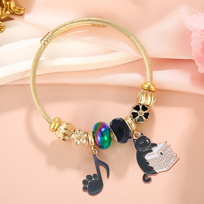 Wholesale Cute Cartoon Black Cat Pendant Stainless Steel Open Adjustable Bracelet Jewelry MOQ≥2 Accessory for Women
