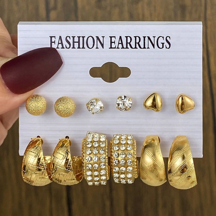 Wholesale Retro 6-piece creative heart-shaped rhinestone metal earrings