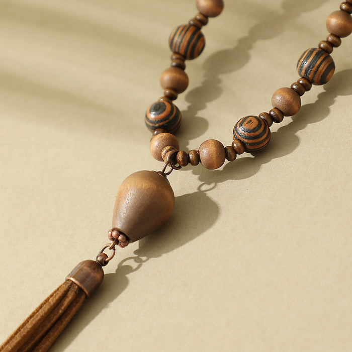 Wholesale Handmade Wood Beaded Long Necklace Boho Tassel Jewelry Accessory MOQ≥2
