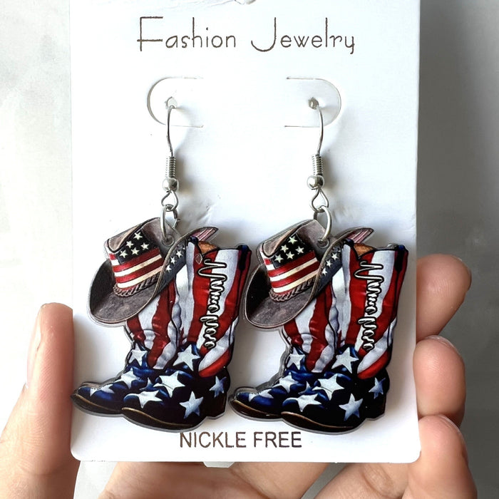 Wholesale Double Sided Acrylic USA Flag Boots Earrings Patriotic Fashion Jewelry Accessory MOQ≥2