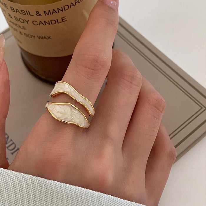 Wholesale Geometric double-layer hollow ring for women's fashion temperament, irregular drop glaze color blocked open ring, index finger ring