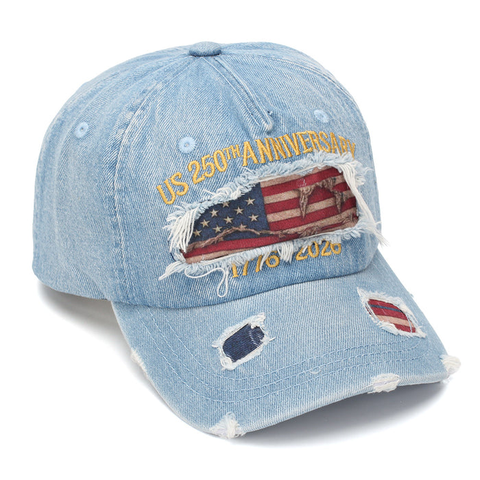 Wholesale USA Flag Embroidered Distressed Denim Baseball Cap - Patriotic Independence Day Gift Fashion Accessory