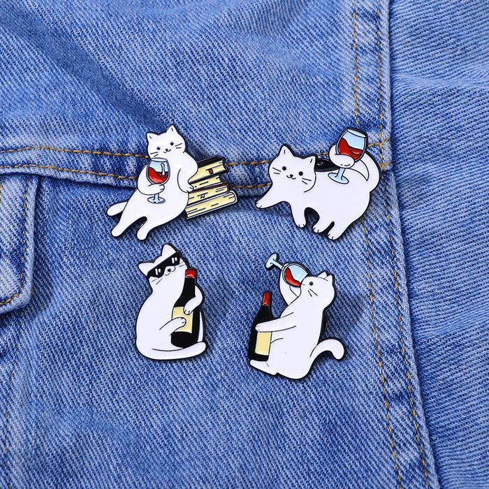 Wholesale Cartoon White Cat Brooch Cat Red Wine Cute Schoolbag Accessory Clothes Decoration Zinc Alloy Badge
