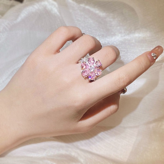 Wholesale Cross-border hot sale fashion light luxury pink heart-shaped zircon ring female sweet super shiny pink diamond flower ring bracelet