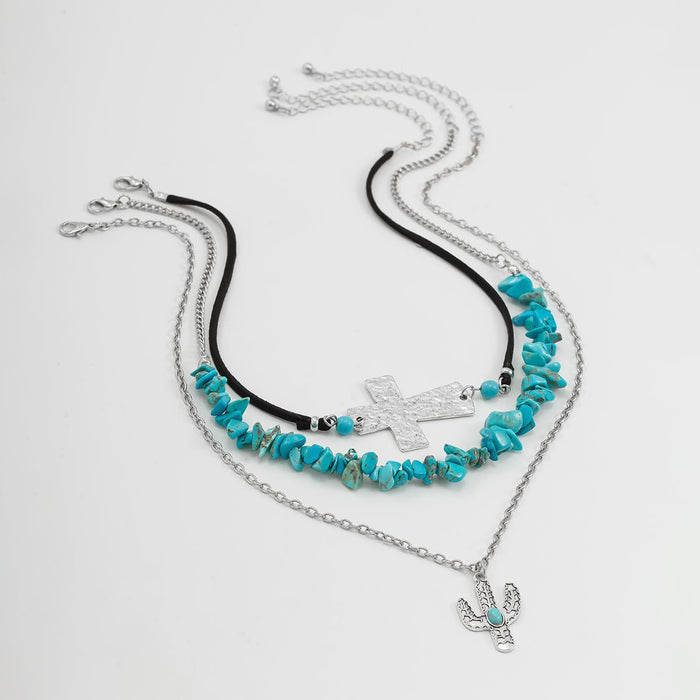 Wholesale Western Cowboy Pine Stone Necklace Stacked Set Necklace Cactus Boots Pendant Ethnic Style Retro Necklace