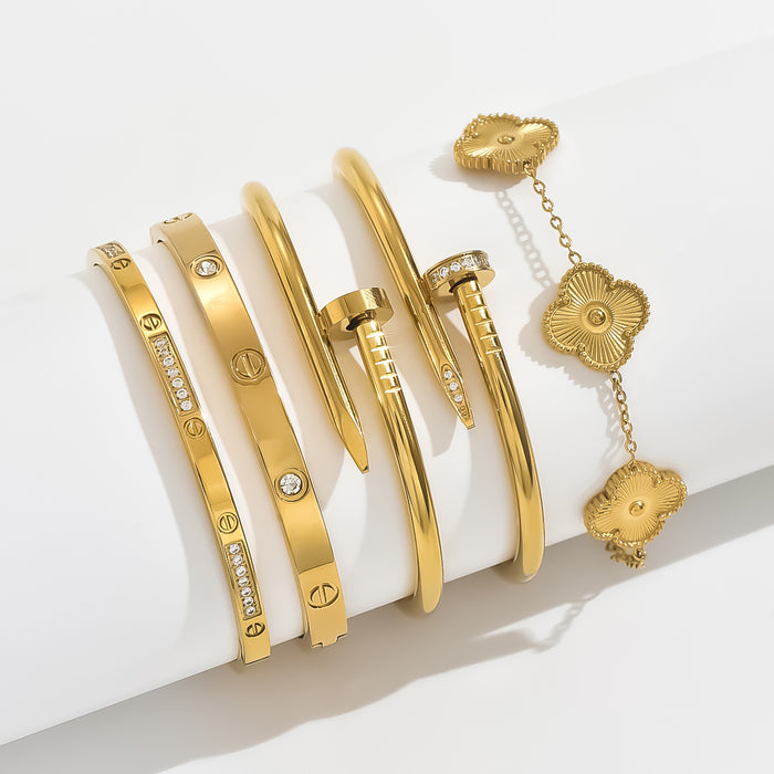 Wholesale Stylish Gold Bangle With Rhinestone Row Titanium Steel Bracelet Jewelry Accessory For Party Boutique Resale