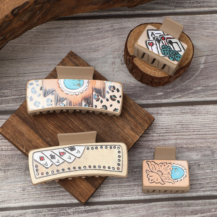 Wholesale Western Style Playing Cards Pattern Leather Hairpin Shark Clip Combination Set Women' s Clip