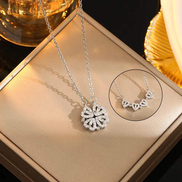 Wholesale Titanium steel necklace four-leaf clover gram open micro-inlaid necklace