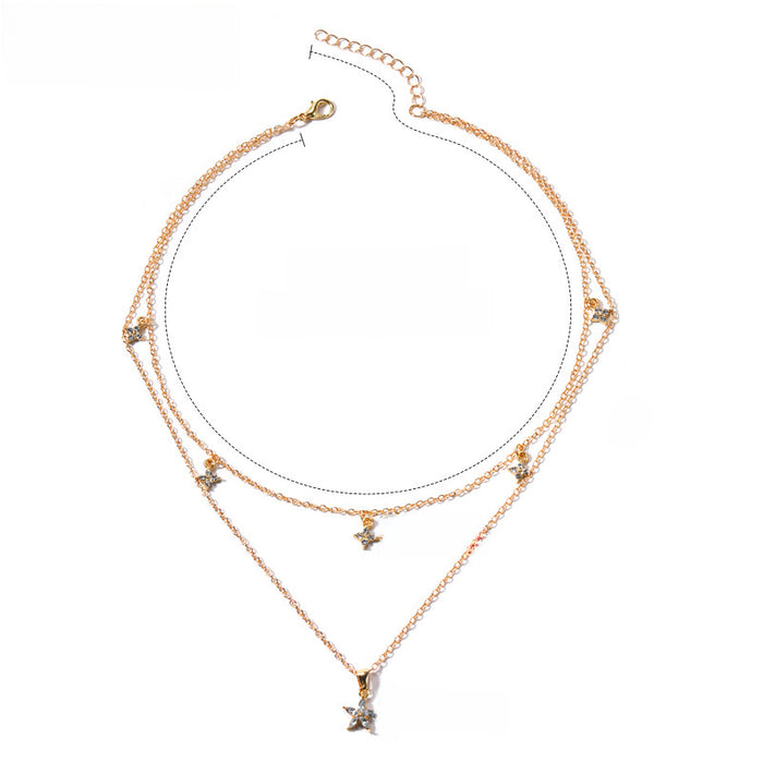 Wholesale New minimalist jewelry alloy diamond studded pentagonal star necklace, personalized flower multi-layer necklace