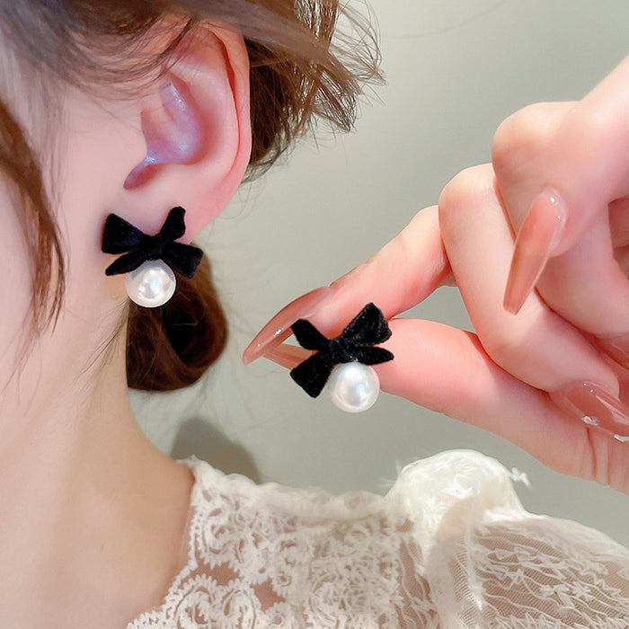 Wholesale  pearl ear clip eardrops  black bow earless earrings