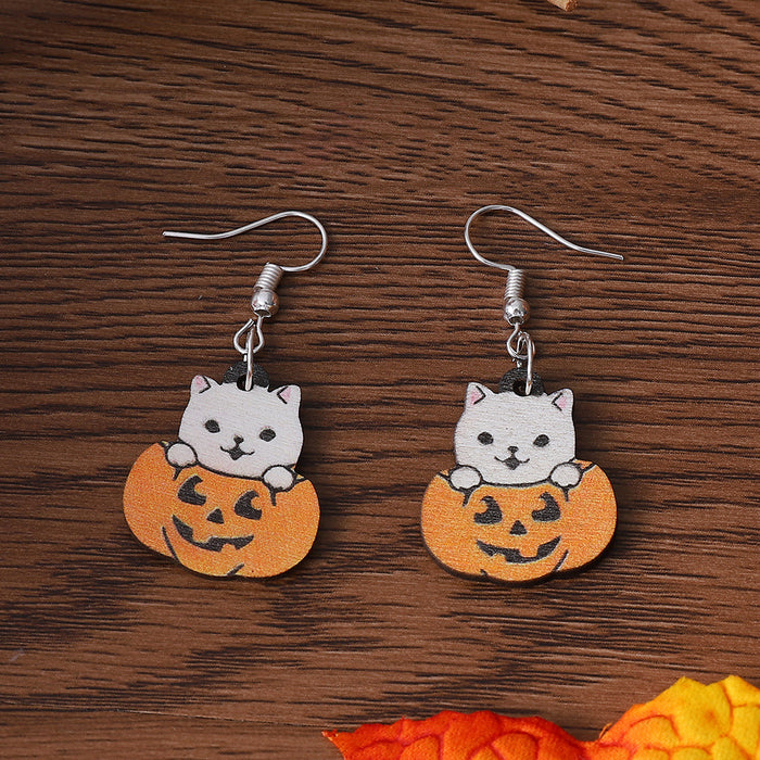 Wholesale  Cute Cat  Pumpkin Funny Pendant Earrings Wooden Gothic Style Double-sided Earrings