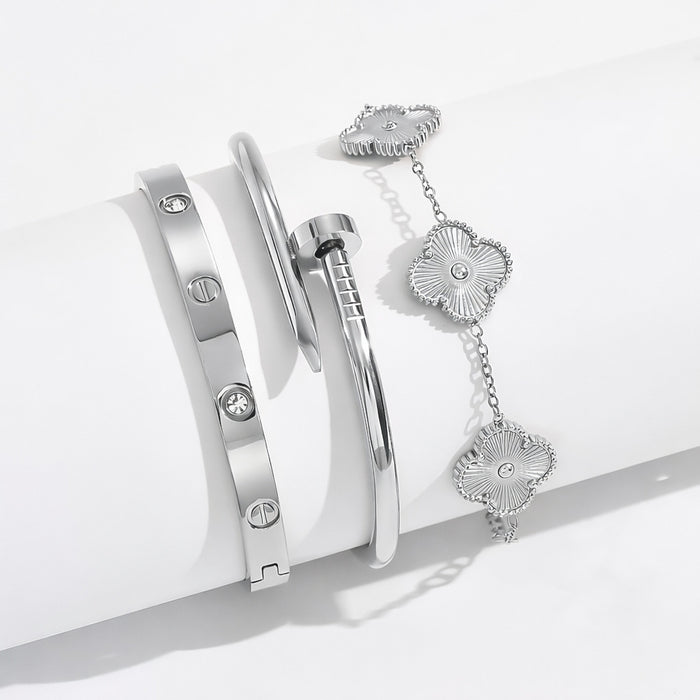 Wholesale Titanium Steel Four Leaf Clover Open Bangle With Crystal Row Stylish Everyday Jewelry Accessory Gift For Women